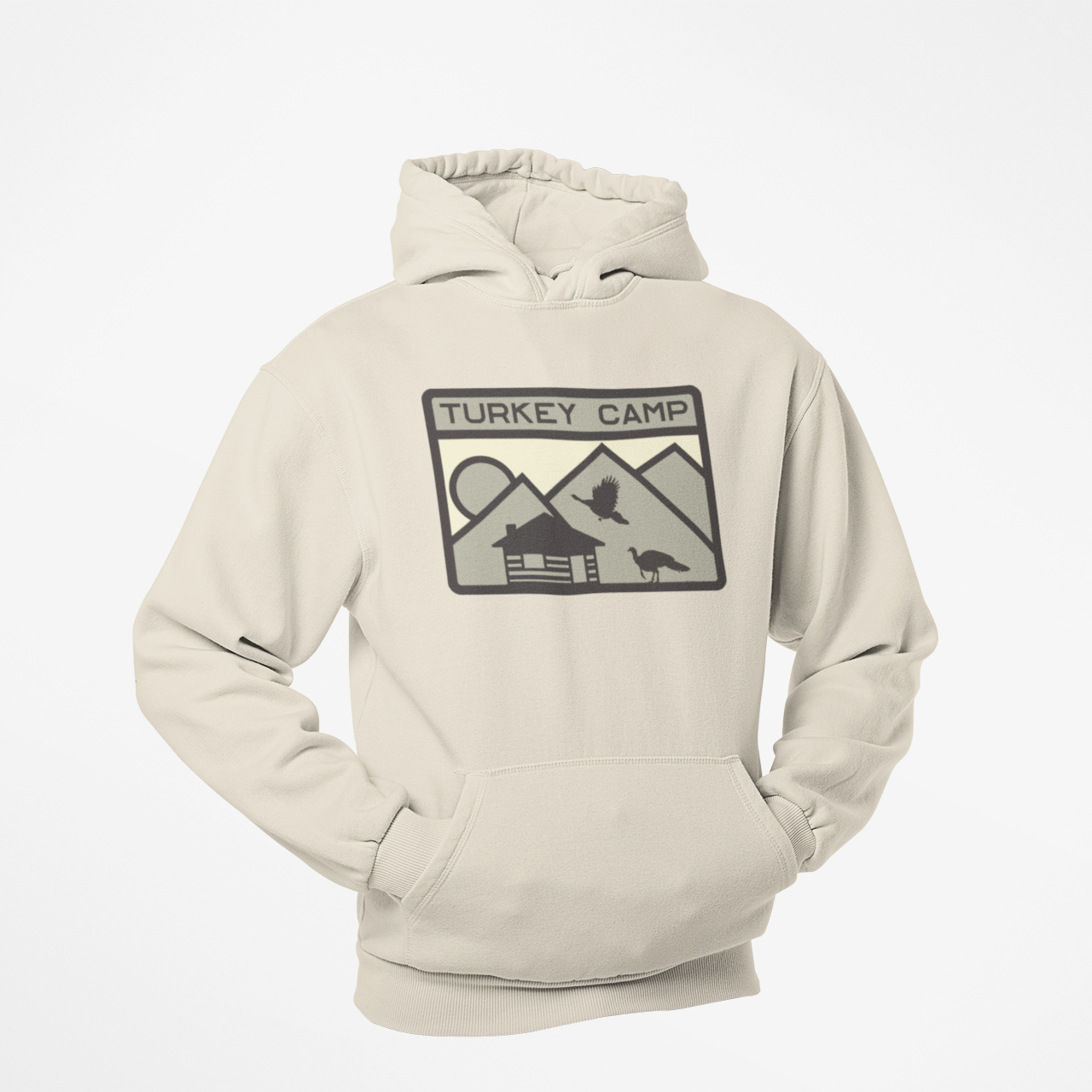 Beige hoodie with 'Turkey Camp' graphic on a white background