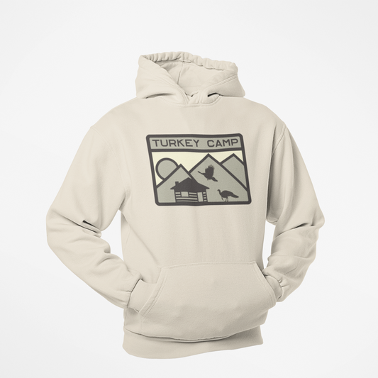 Beige hoodie with 'Turkey Camp' graphic on a white background