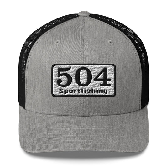 A Trucker Cap in Heather Grey with "504 Sport fishing" written on the front.