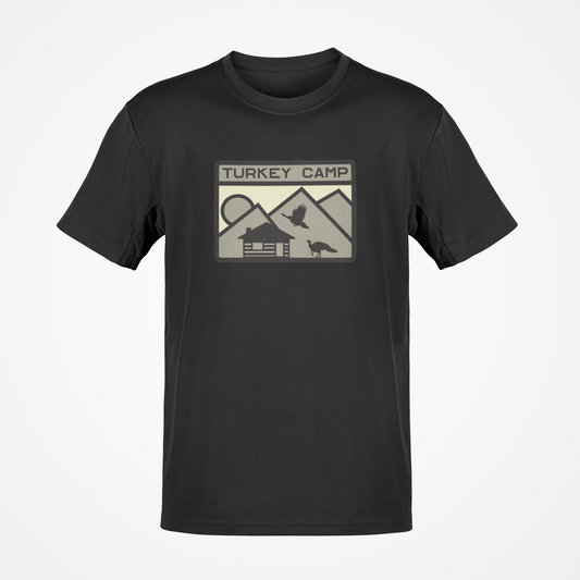 Black t-shirt with 'Turkey Camp' graphic design on a white background