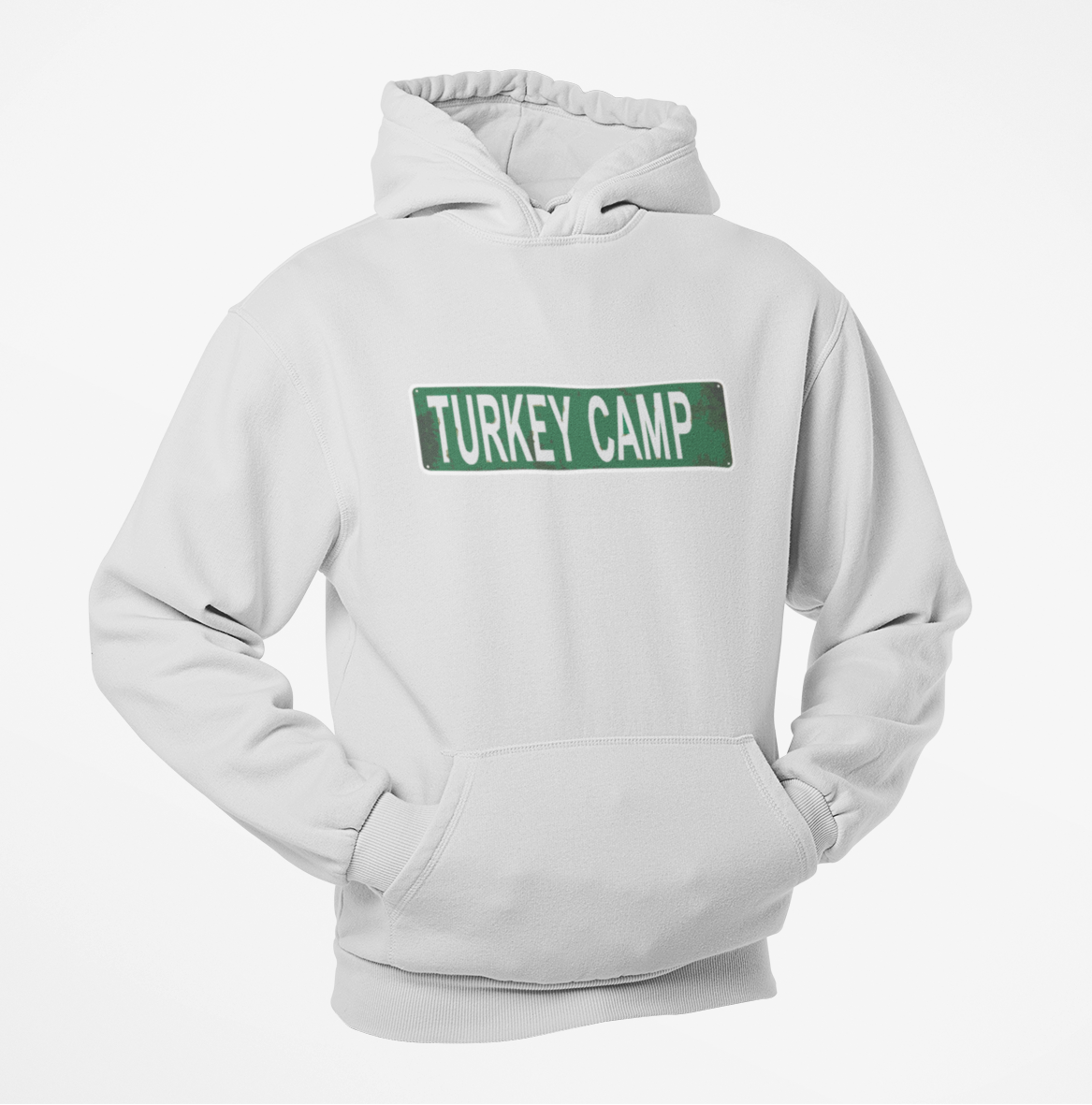 Gray hoodie with 'TURKEY CAMP' text on a white background