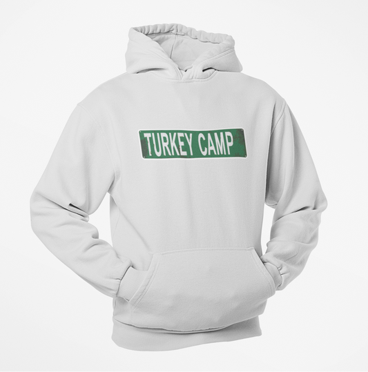 Gray hoodie with 'TURKEY CAMP' text on a white background
